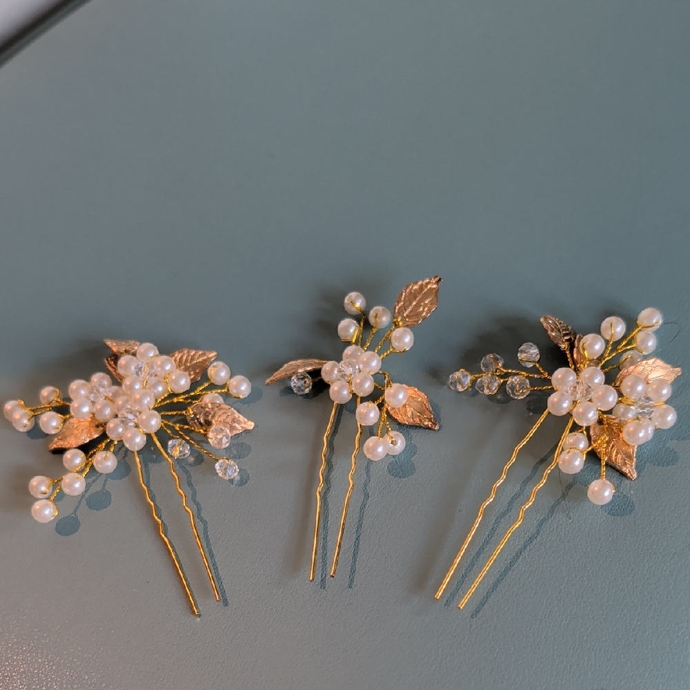 Bride Wedding Hair Pins Leaf Bridal Hair Pieces Rhinestone Hair Clips (+Gift)